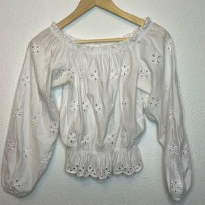 H&M Cottagecore White Eyelet Long Sleeve Blouse with elastic waist and neckline
